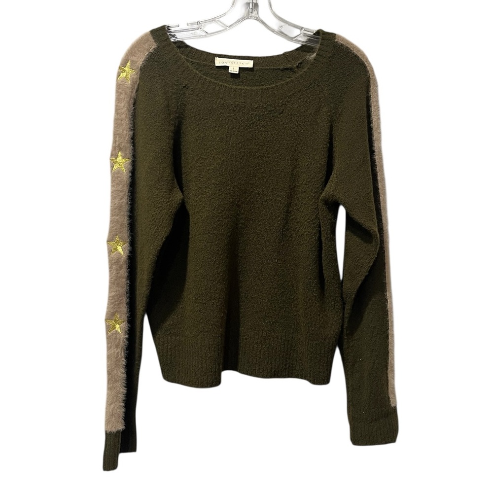 Lovestitch Olive Green sweater Stars On Sleeves Size Large‎ Fuzzy  Round Neck